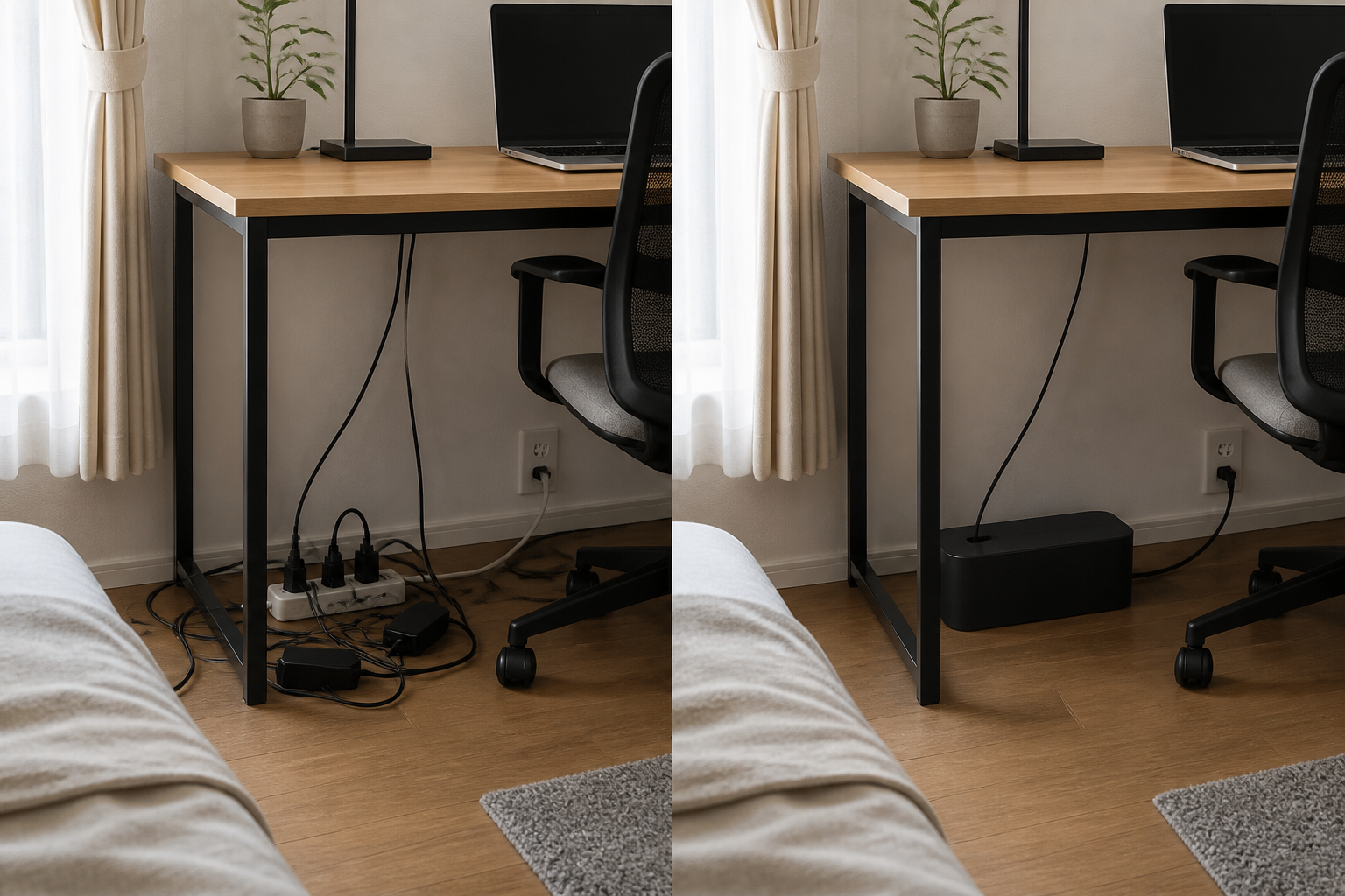 Comparison before and after storing the power strip exposed on the floor and the box surrounding the power supply in a black cable box