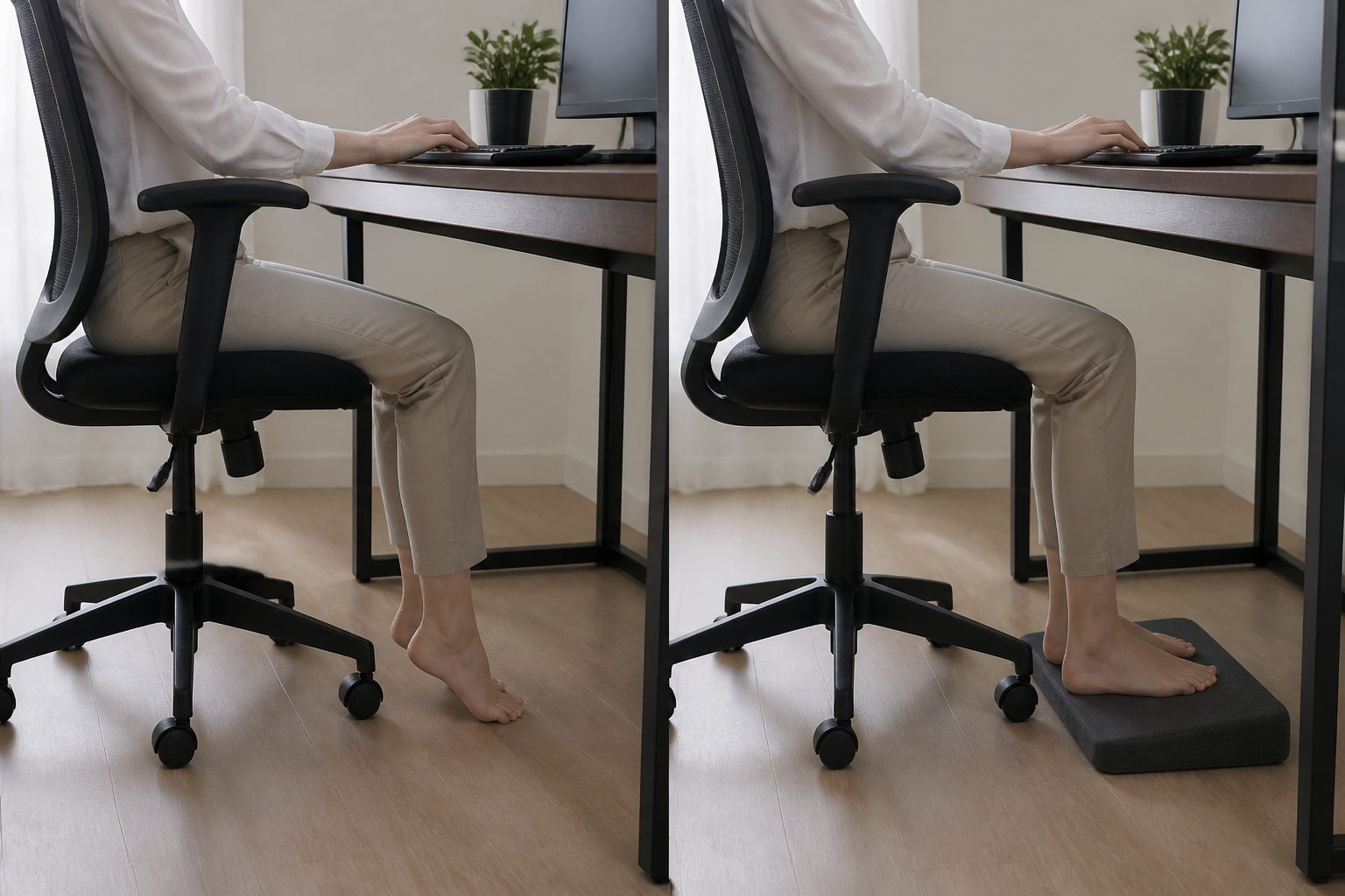 Comparison of a state where the feet do not fully touch the floor while sitting on a chair and a state where the feet are placed on the footrest