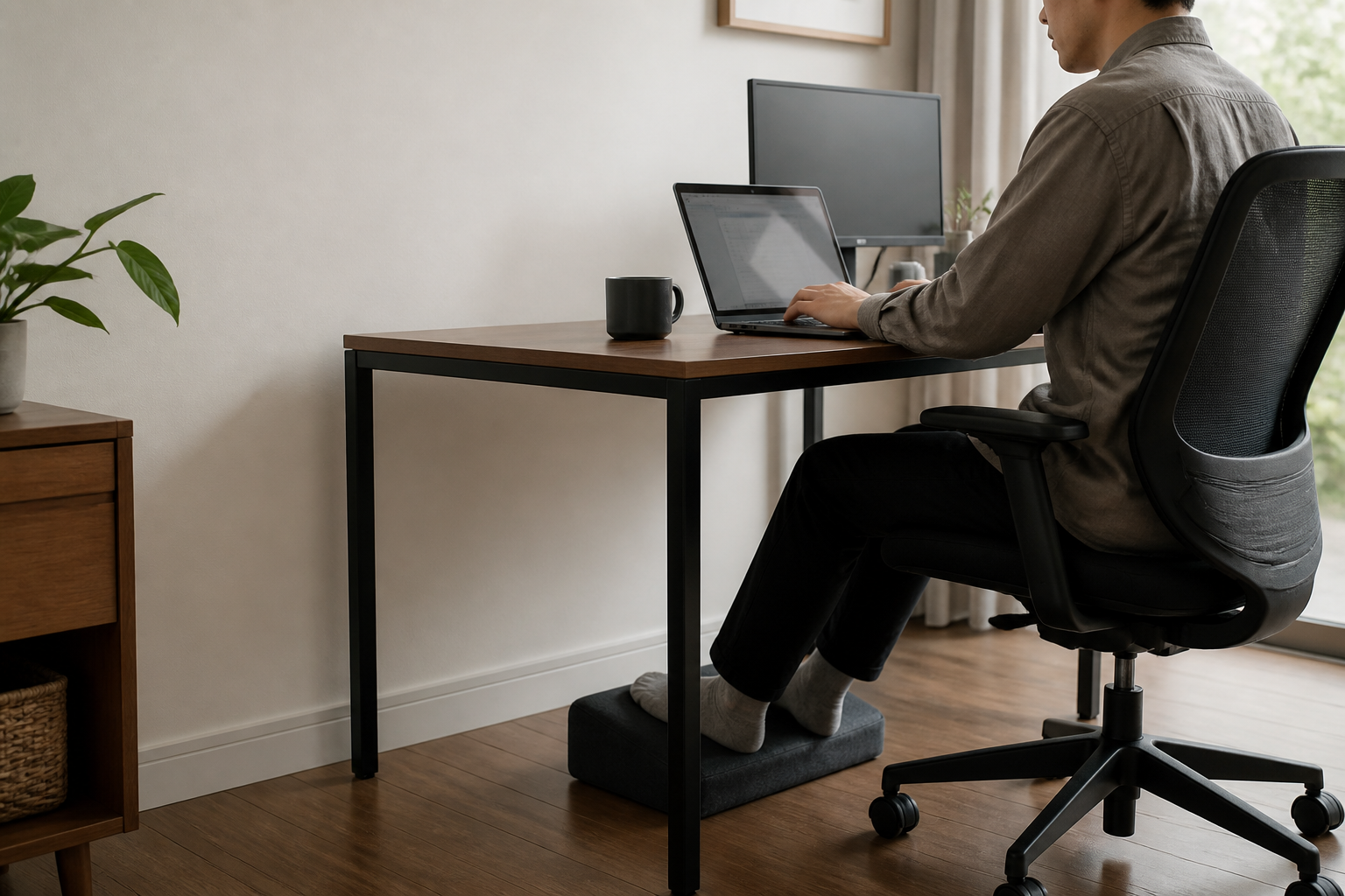 Working on a computer with both feet on the footrest under the desk