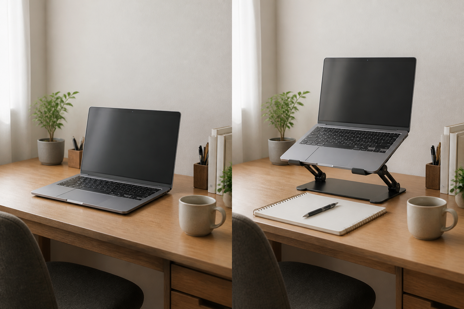 A before and after comparison of a laptop placed flat on a desk and a laptop lifted up on a stand to free up space in front.