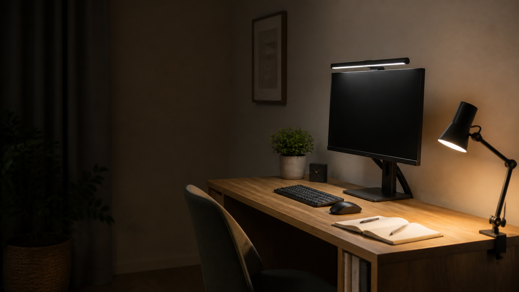 Comparison image of a narrow desk with a monitor light and a clamp-type desk light