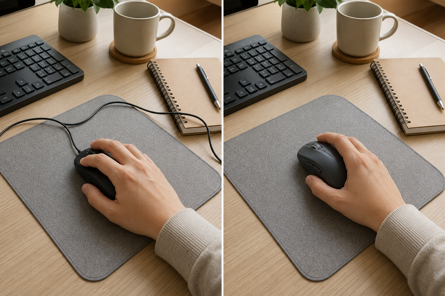 A before and after comparison of the state in which the cord of a wired mouse crosses the work surface and the state in which the cord disappears with the M650 type wireless mouse.