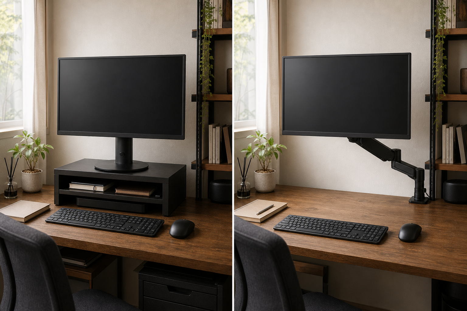 A before and after comparison of the state in which a large monitor stand occupies the desk and the state in which the screen is raised by a monitor arm fixed to the desk.