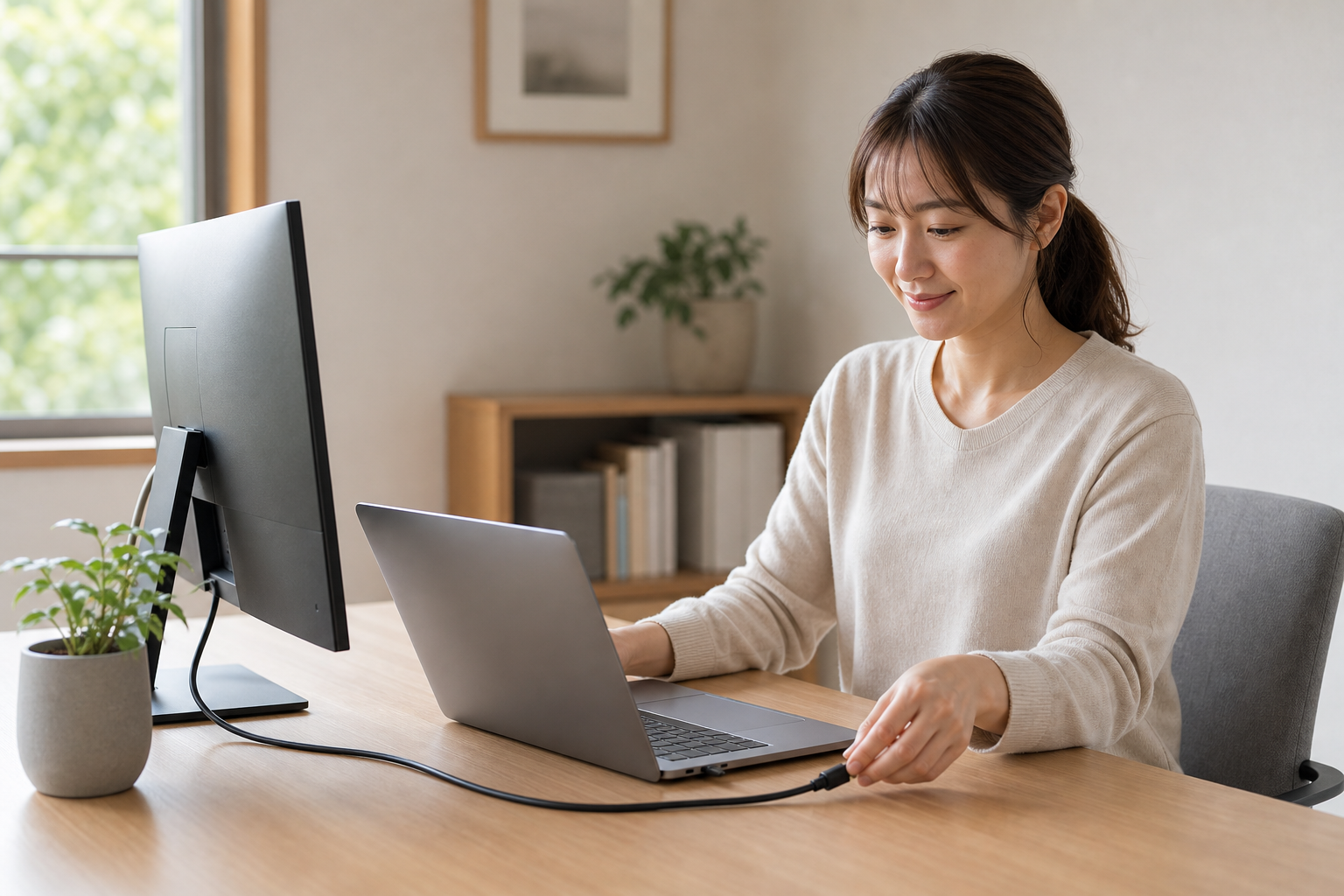 An adult woman with a calm expression is organizing one cable on a computer desk