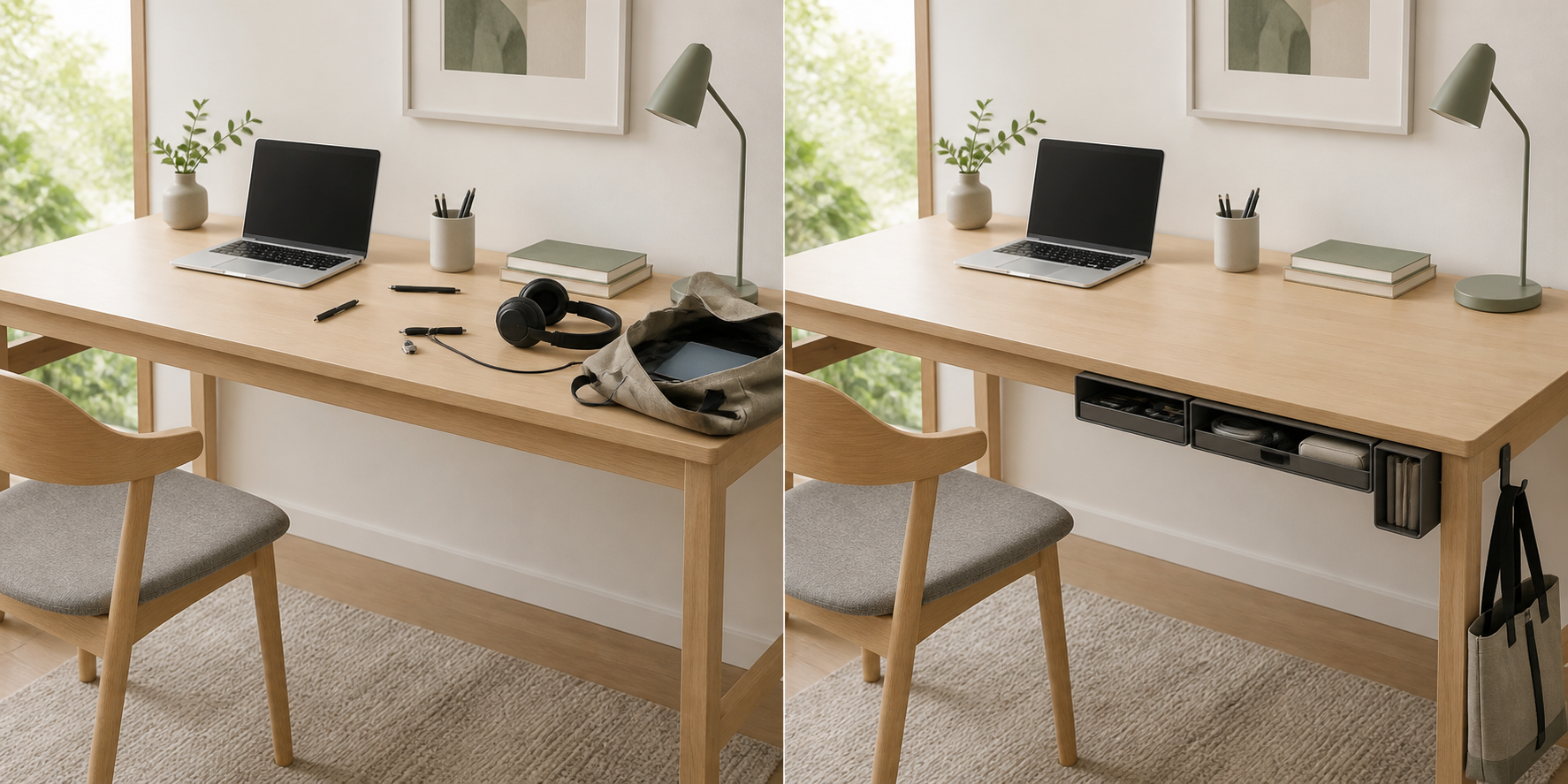 Comparison before and after moving small items, headphones, and bags left on the desk and floor to storage under the desk