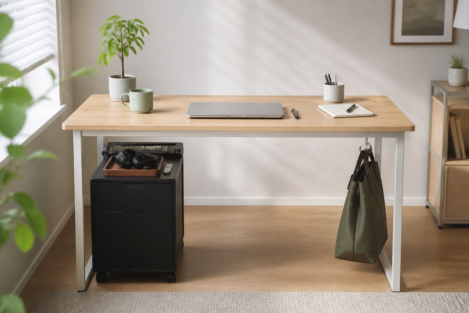 Comparison before and after moving small items and wiring exposed under the desk to a storage location