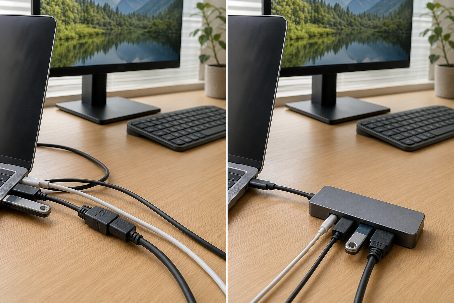 Comparison before and after collecting multiple cables to a USB-C hub and connecting to a single notebook PC side