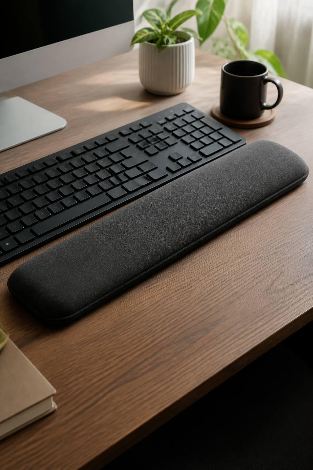 A fabric-covered memory-foam wrist rest in front of a full-size keyboard