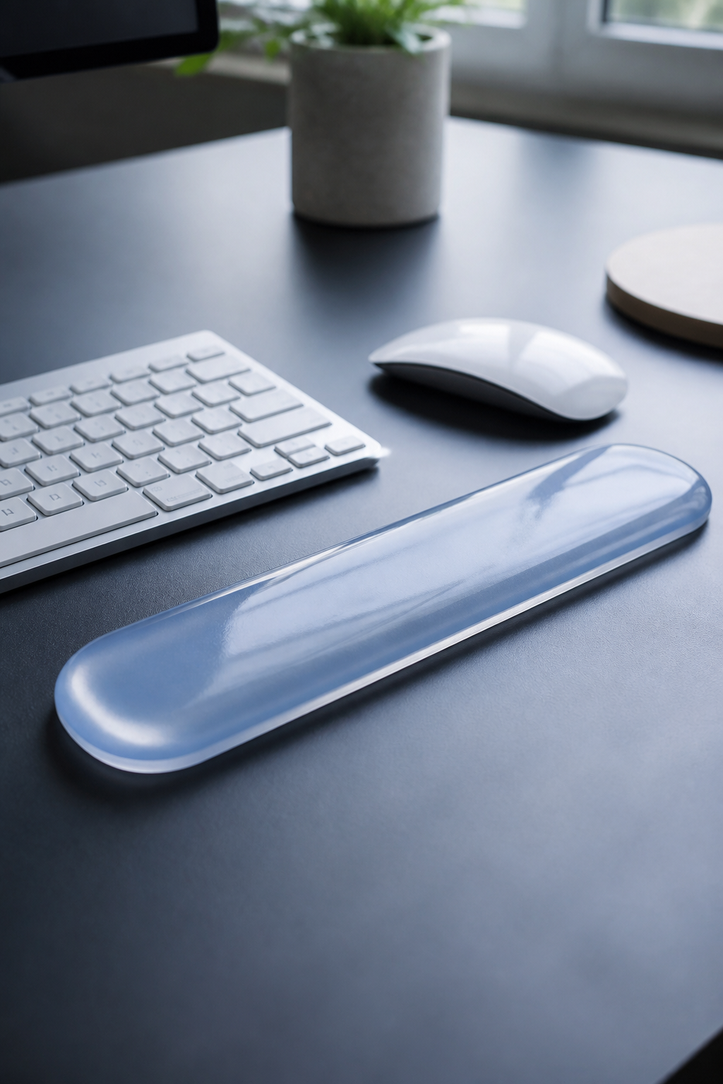 A wipe-clean translucent gel wrist rest beside a mouse and keyboard