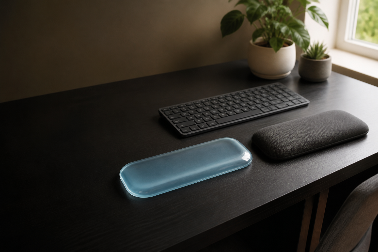 A translucent gel wrist rest and a fabric-covered memory-foam wrist rest on a desk